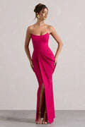 Fuchsia Strapless Prom Dresses Sweetheart Neck Draped Side High Slit for Enchanting Balls