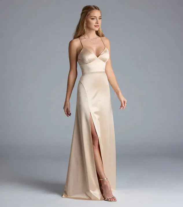 Gold A-Line V-Neck Crisscross-Strap Lace-Up Floor-Length Prom Dress High Side Slit