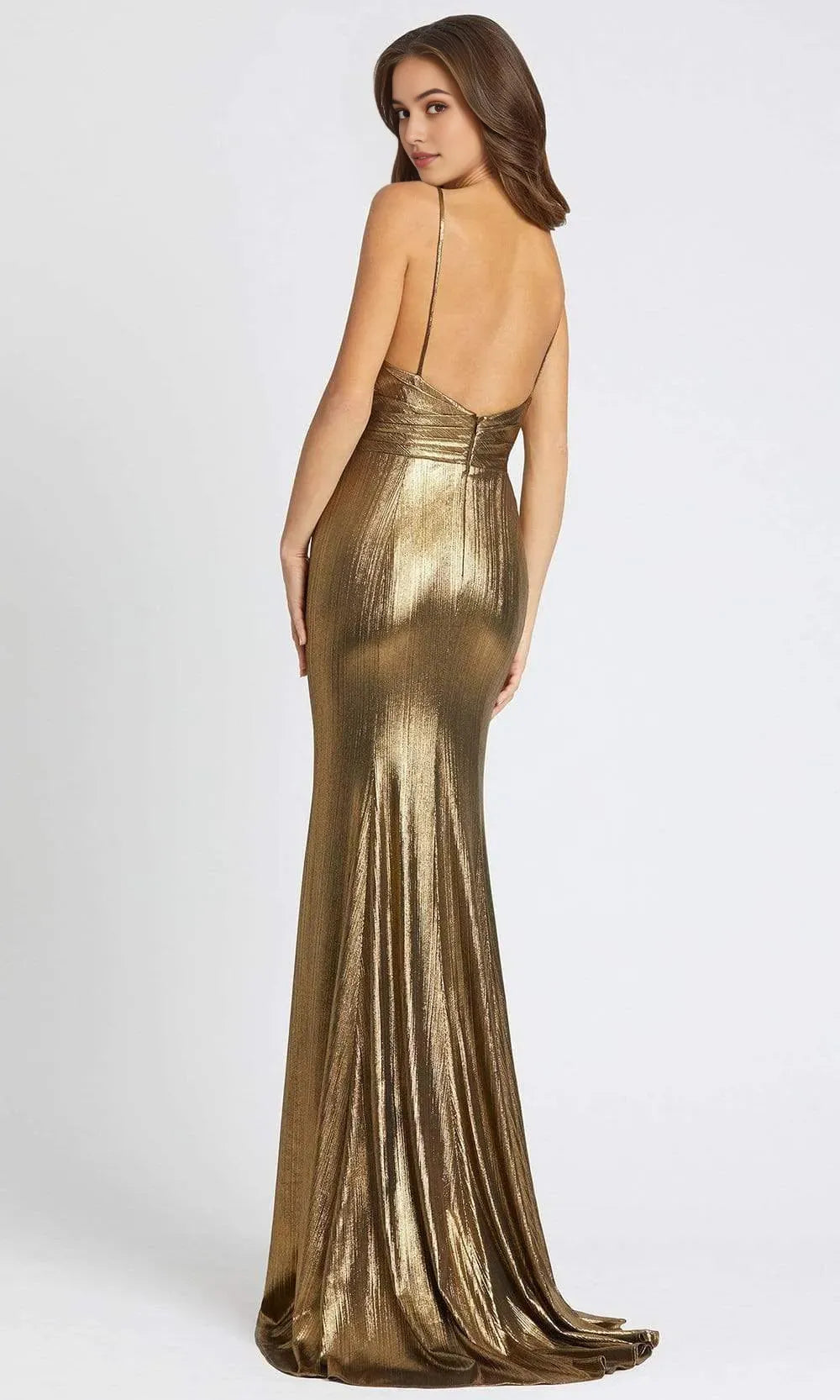 Gold Metallic Knit Mermaid Prom Gown with Deep V Neck and Cross Wrap Bodice