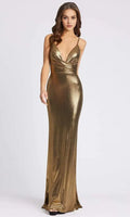 Gold Metallic Knit Mermaid Prom Gown with Deep V Neck and Cross Wrap Bodice