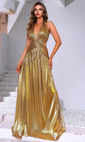 Gold Metallic Neck Prom Dress with Cut Out Waist and Flowing Maxi Skirt – Perfect for Luxury Ballroom Events & Foreign Trade Galas