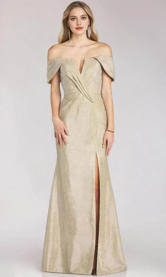 Gold Off - Shoulder Evening Dress with Pleated Bodice and High Side Slit for Formal Occasions