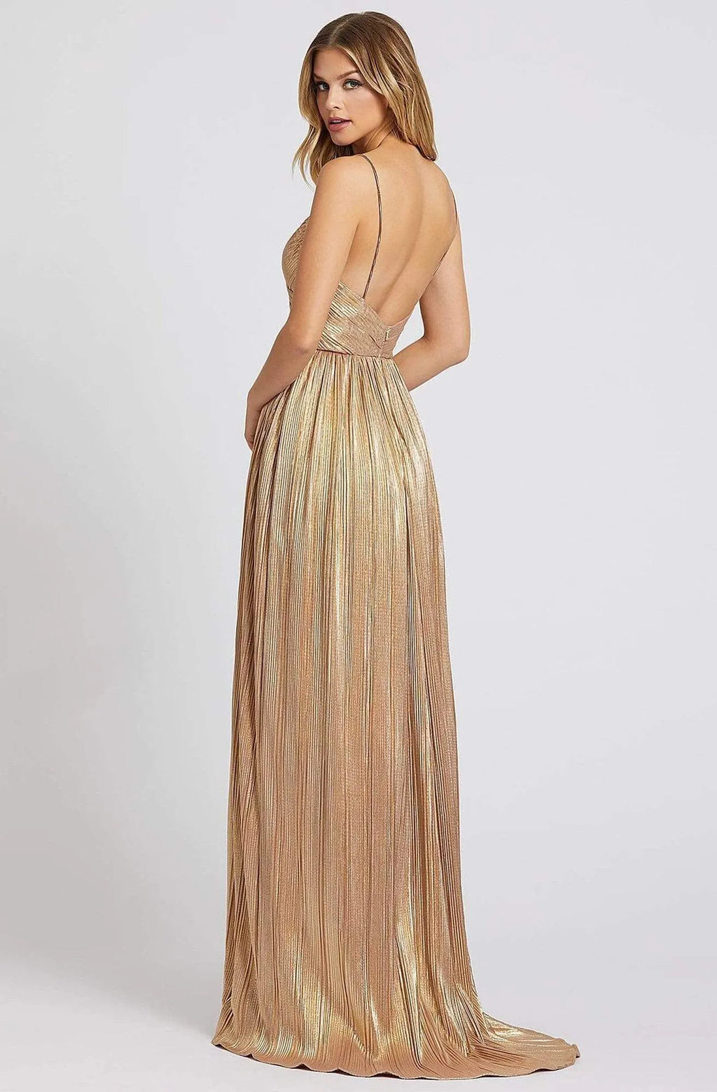 Gold Toned Metallic Pleated Prom Dress with Spaghetti Straps and High Side Slit Ideal for Formal Balls Evening Galas and Sophisticated