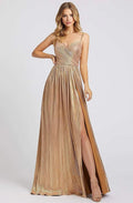Gold Toned Metallic Pleated Prom Dress with Spaghetti Straps and High Side Slit Ideal for Formal Balls Evening Galas and Sophisticated