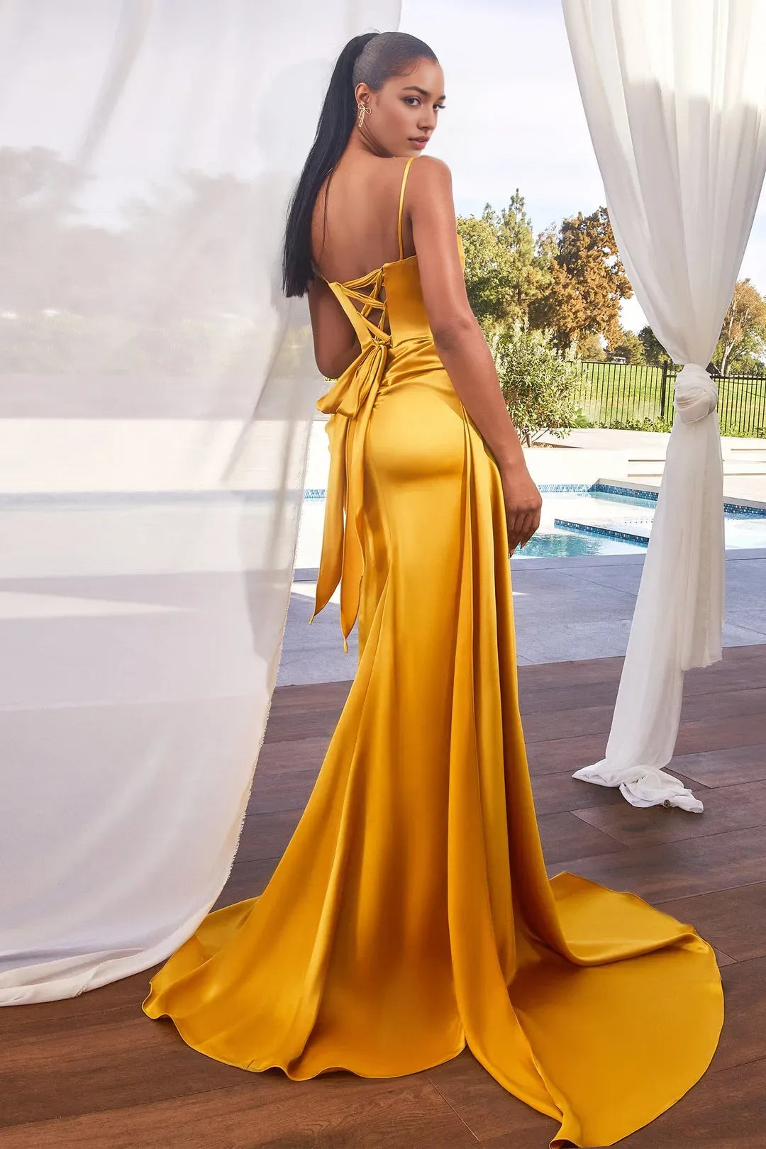 Golden Prom Dress with Neckline Draped Side Detail and High Slit for Luxurious Evening Events