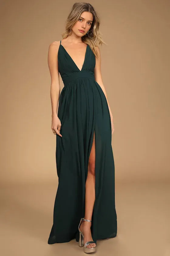 Green Evening Dresses with Plunging V - Neck Spaghetti Straps High Side Slit Command Attention at Grand Galas