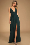 Green Evening Dresses with Plunging V - Neck Spaghetti Straps High Side Slit Command Attention at Grand Galas