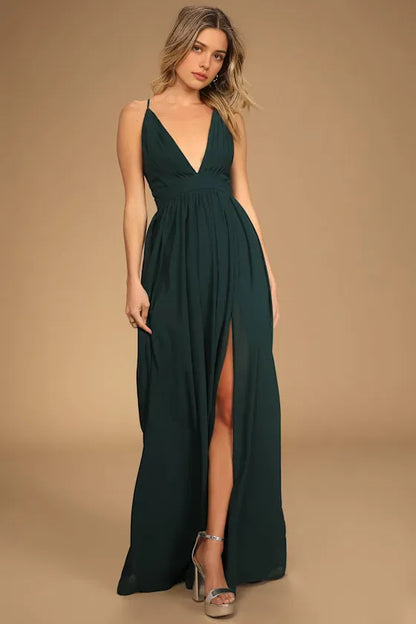 Glamorous Green Slit A-Line V-Neck Sleeveless Classic-Back Floor-Length Evening Dress