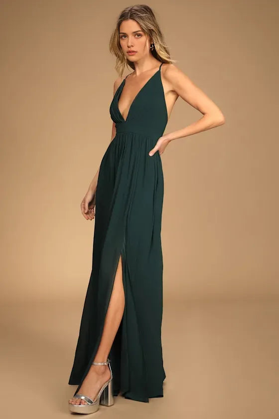 Green Evening Dresses with Plunging V - Neck Spaghetti Straps High Side Slit Command Attention at Grand Galas