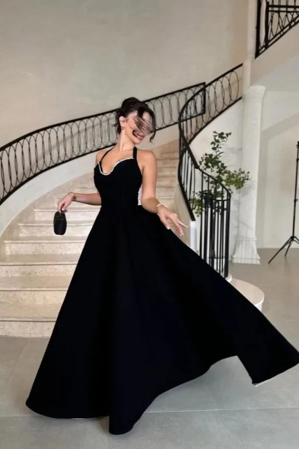 Black Halter Sleeveless Beaded Floor-Length Party Dress