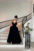 Black Halter Sleeveless Beaded Floor-Length Party Dress