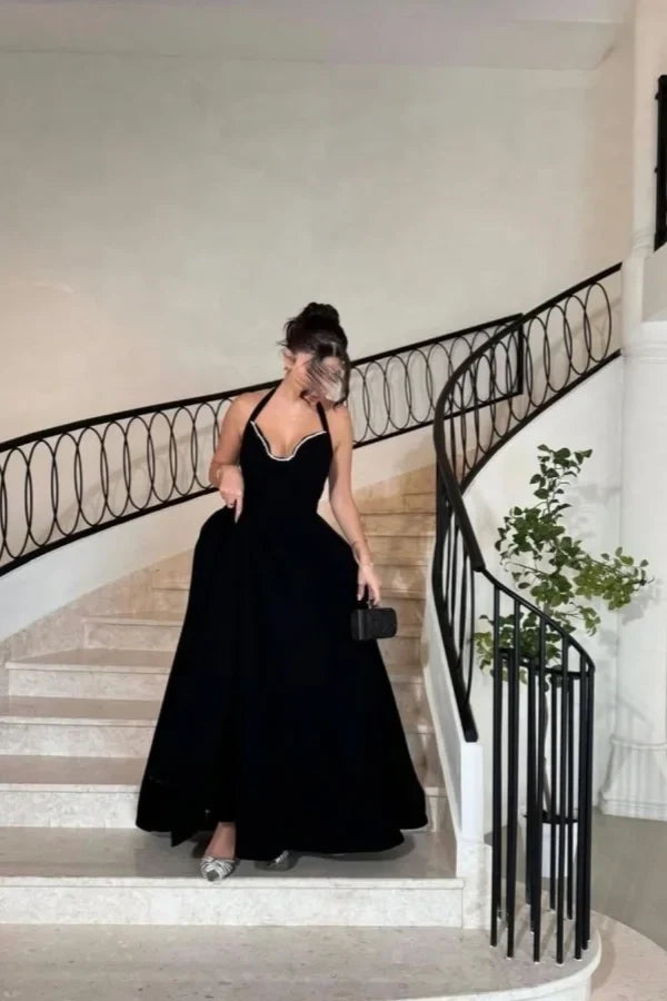 Black Halter Sleeveless Beaded Floor-Length Party Dress