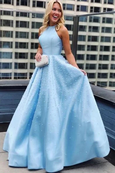 Sky Blue Halter Sleeveless Beaded Sky Floor-Length Prom Dress