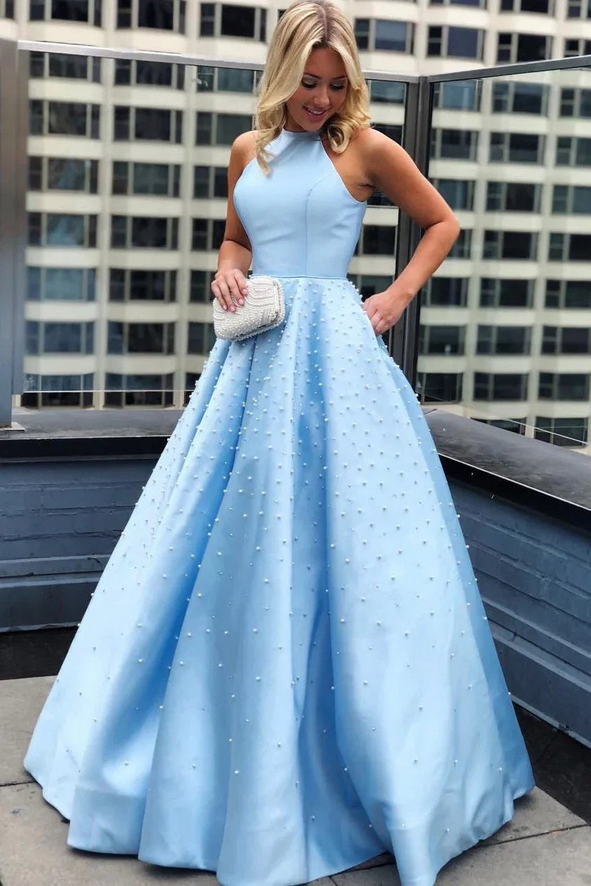Sky Blue Halter Sleeveless Beaded Sky Floor-Length Prom Dress