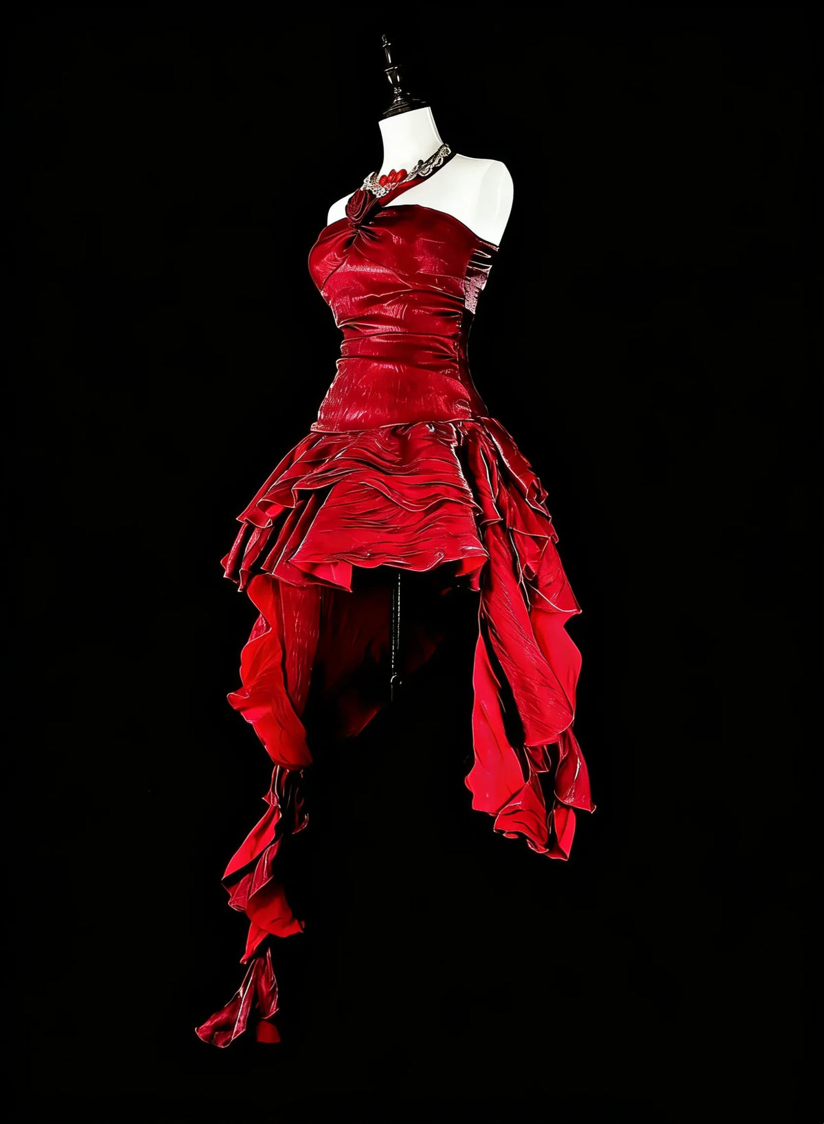 Red High-Low Halter Sleeveless Ruffled Homecoming Dress