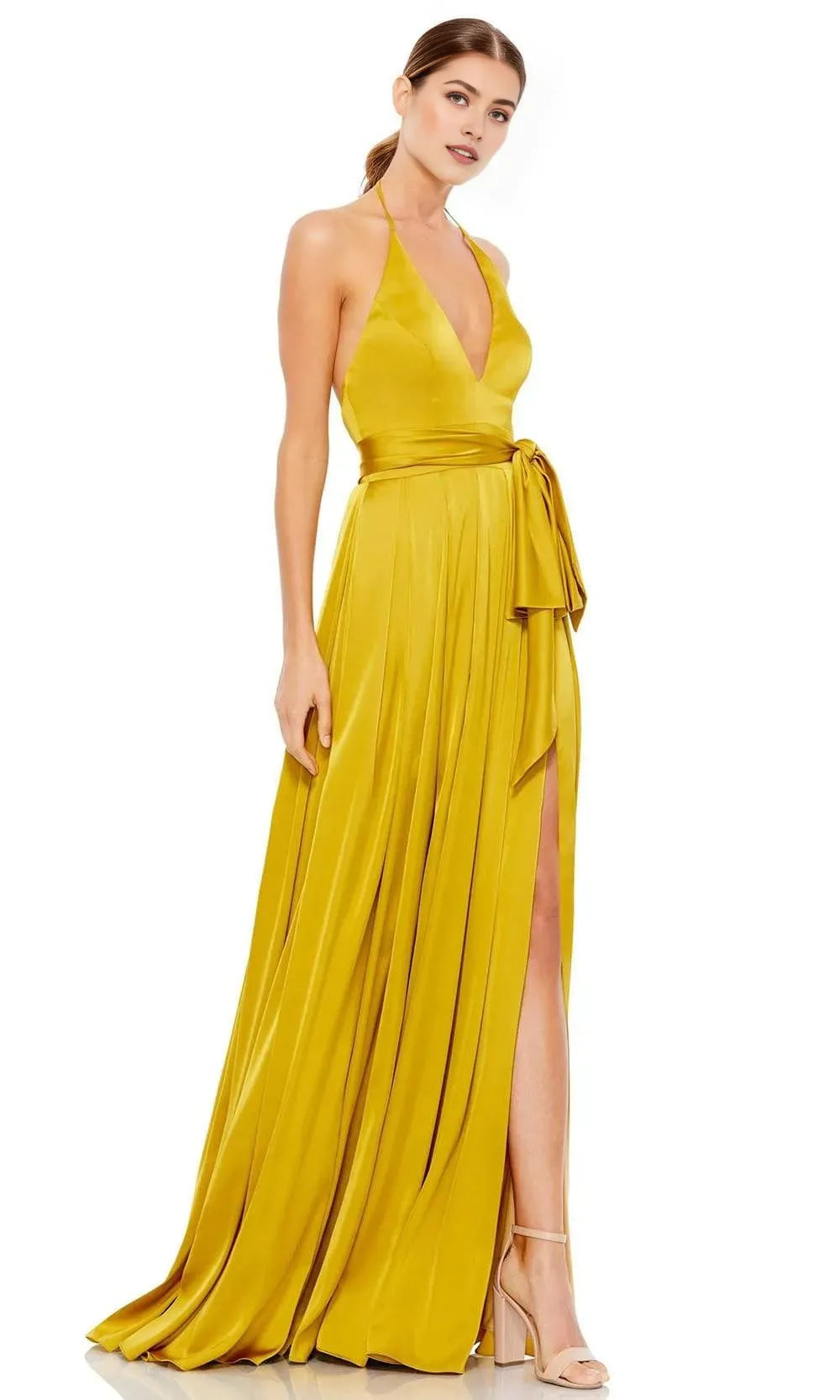 Hot Pink Halter Neck Prom Dress with Deep V Neck Waist Tie High Side Slit deal for Formal Evening Occasions