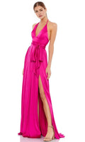 Hot Pink Halter Neck Prom Dress with Deep V Neck Waist Tie High Side Slit deal for Formal Evening Occasions