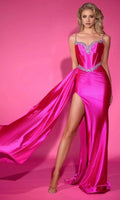 Hot Pink Prom Dress with Bodice Side Train and High Slit for Formal Evening Galas