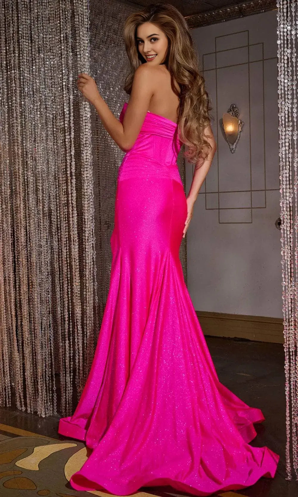 Hot Pink Shimmering Prom Dresses with Strapless Twisted Neckline Cut Out Detail, and High Side Slit for Formal Occasions