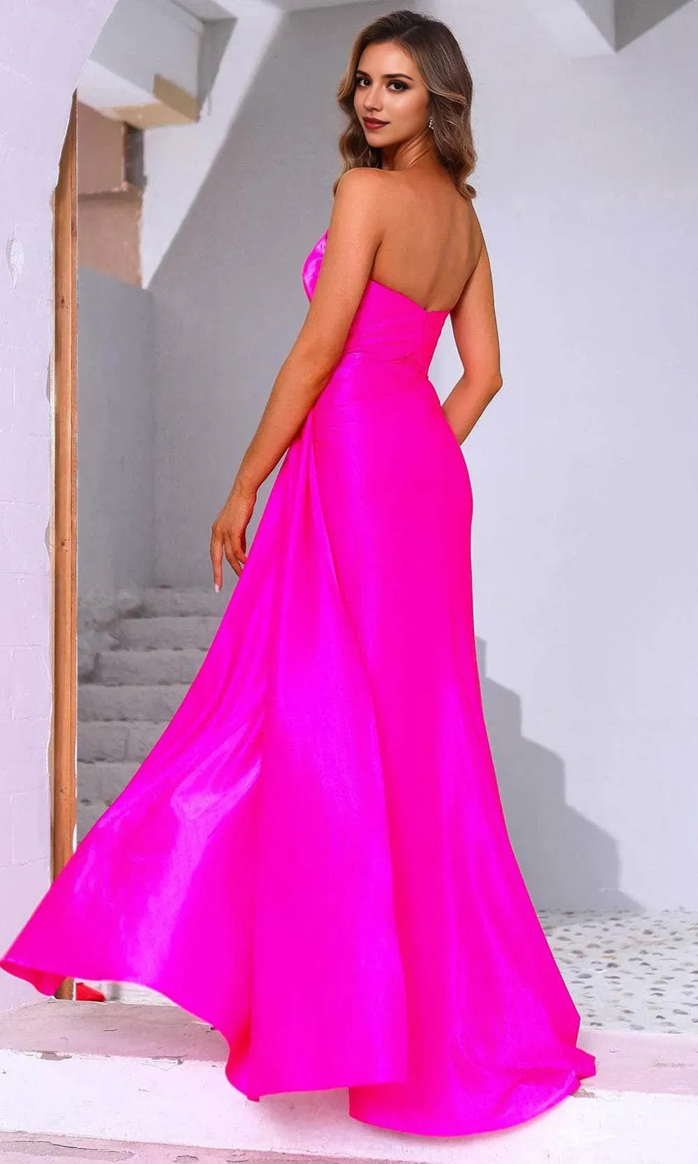 Hot Pink Strapless Prom Dress with Draped Design Accent and High Side Slit for Evening Galas