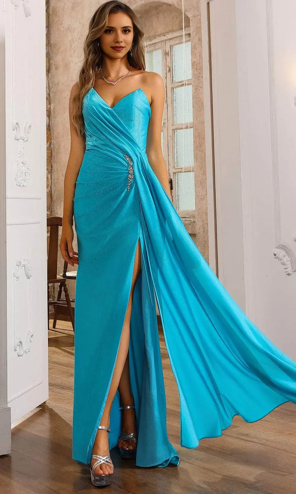 Hot Pink Strapless Prom Dress with Draped Design Accent and High Side Slit for Evening Galas