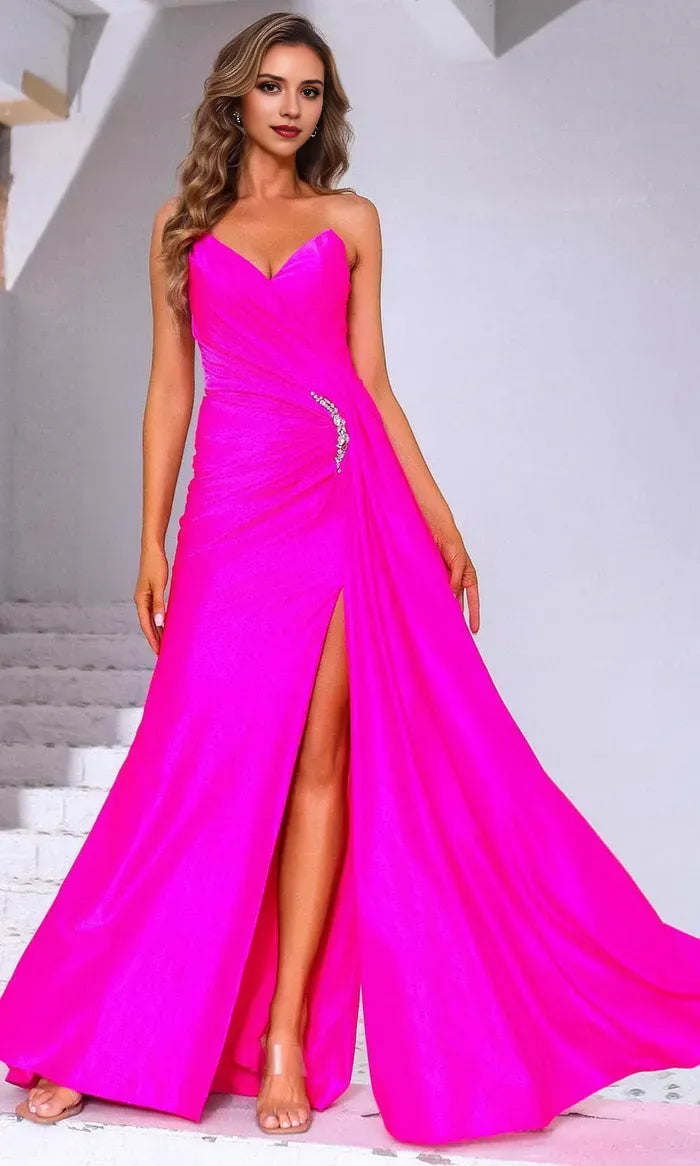 Hot Pink Strapless Prom Dress with Draped Design Accent and High Side Slit for Evening Galas