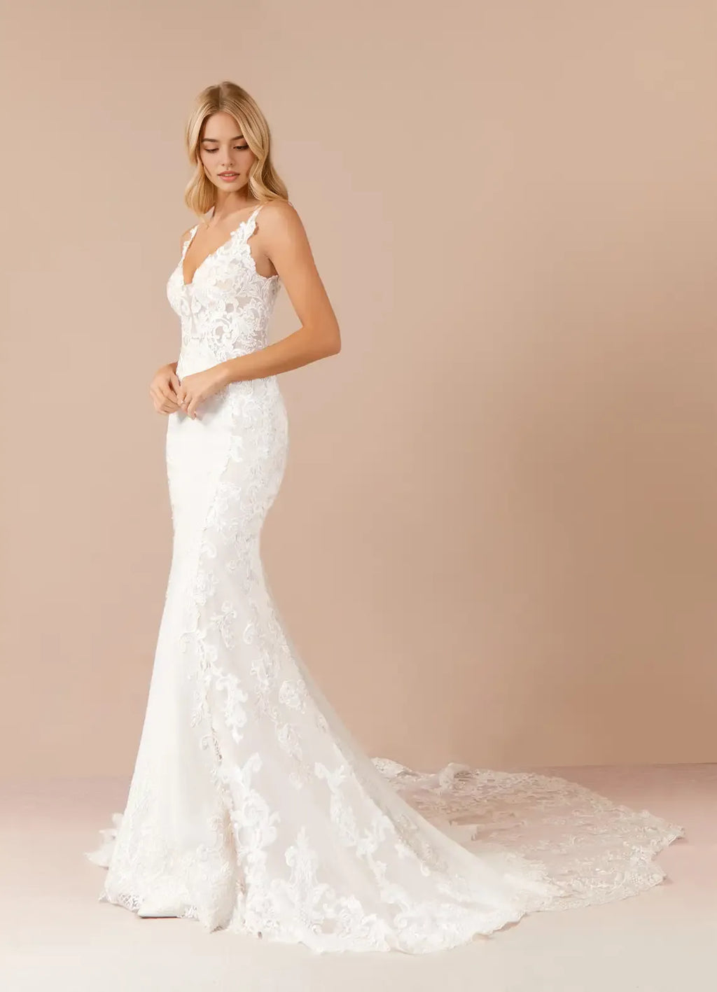 Mermaid Sequins Wedding Dresses Plunging V - Neck Figure Hugging Sheer Design Intricate Embroidery Mermaid Train for bride