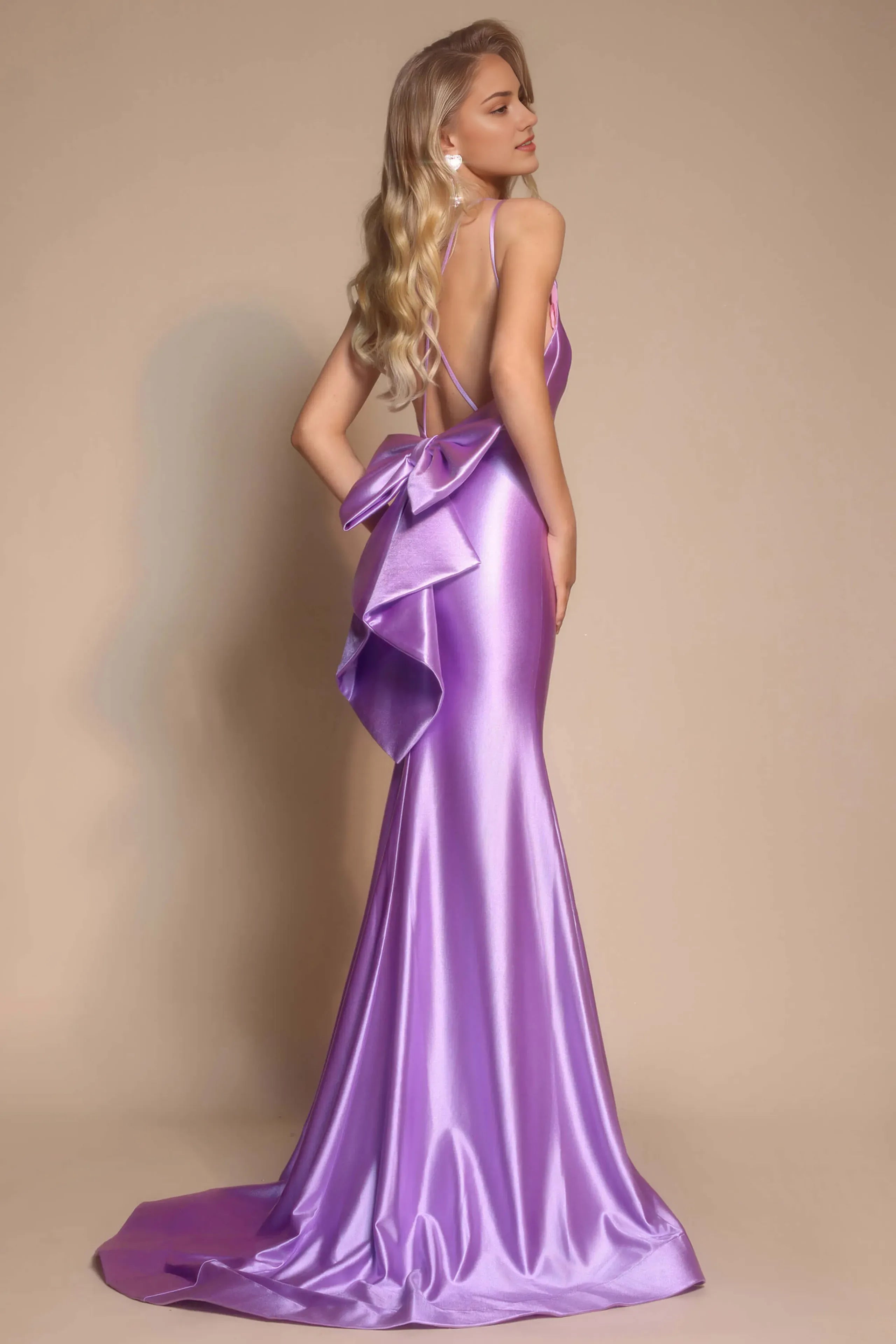 Lavender Mermaid V-Neck Spaghetti Strap Bow-Back Floor-Length Prom Dress