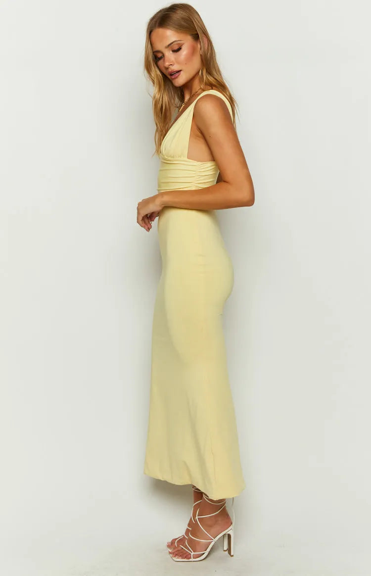 Yellow Lemon Prom Dresses Plunge V - Neckline Ruched Bodice Body - Hugging Fit for Memorable Evenings
