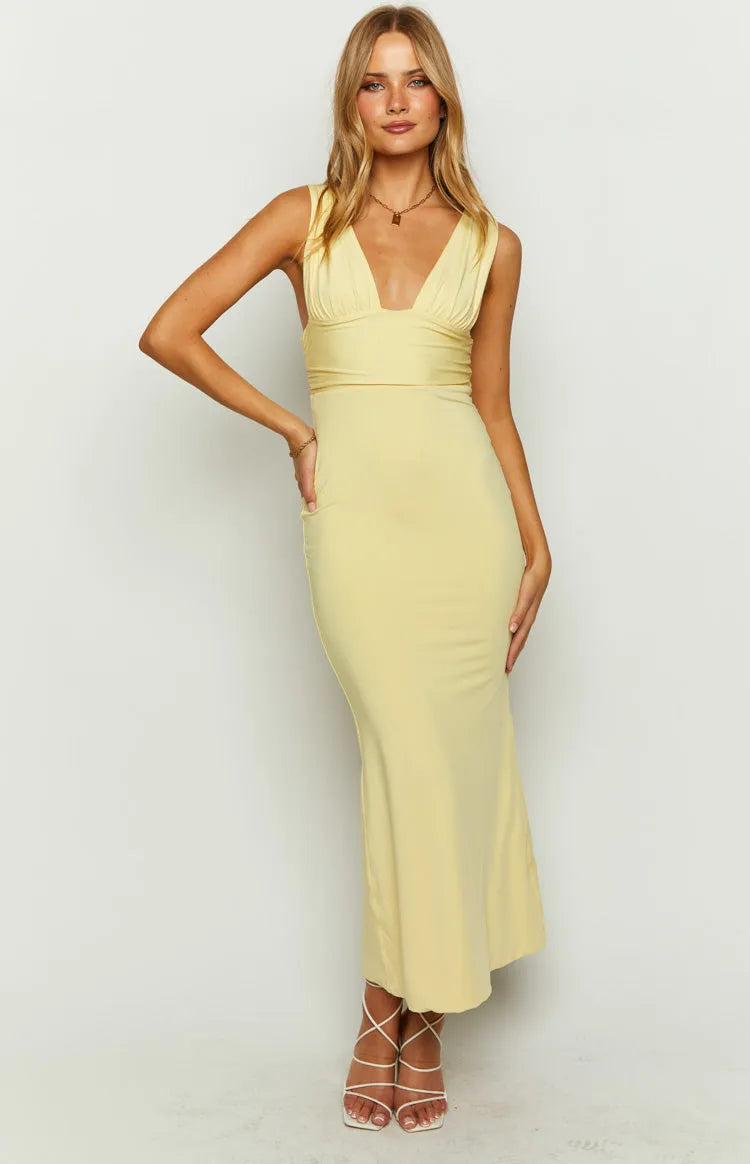 Yellow Lemon Prom Dresses Plunge V - Neckline Ruched Bodice Body - Hugging Fit for Memorable Evenings