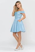 Light Blue Off - Shoulder Homecoming Dress with Bow Detail Sparkle Fabric Flared Skirt