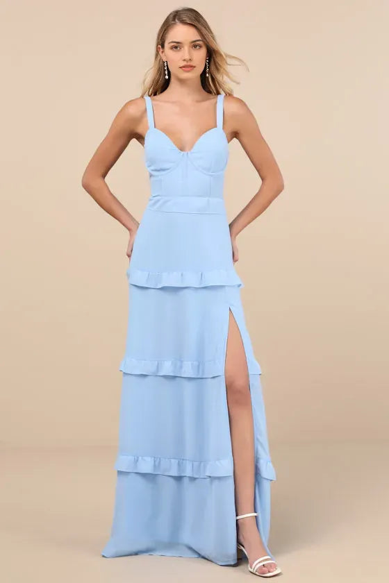 Light Blue Prom Dresses featuring Spaghetti Straps Sweetheart Neckline Tiered Ruffle Skirt and High - Slit Design Perfect for Prom Nights