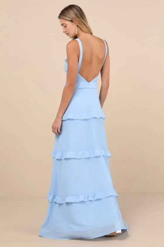 Light Blue Prom Dresses featuring Spaghetti Straps Sweetheart Neckline Tiered Ruffle Skirt and High - Slit Design Perfect for Prom Nights