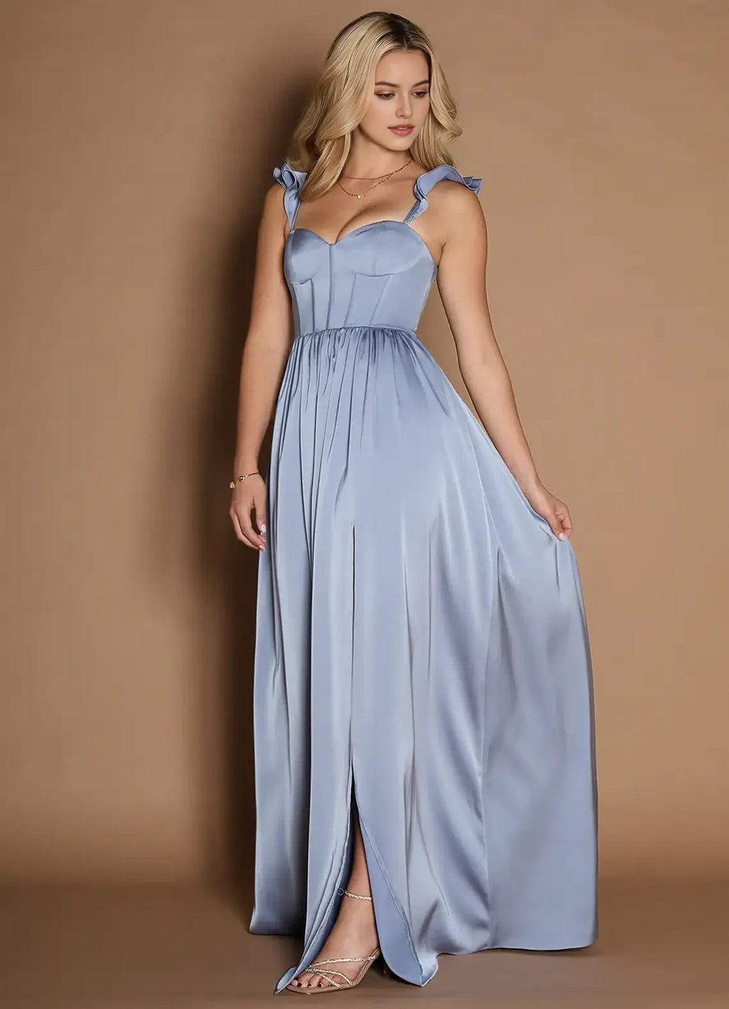 Light Blue Prom Gown Ruffled Straps Sweetheart Neckline Fabric and Side Slit for Memorable Evenings