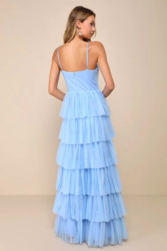 Light Blue Prom Gown featuring Spaghetti Straps Deep V Neckline Tiered Ruffle Skirt Perfect for Prom Nights