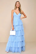 Light Blue Prom Gown featuring Spaghetti Straps Deep V Neckline Tiered Ruffle Skirt Perfect for Prom Nights