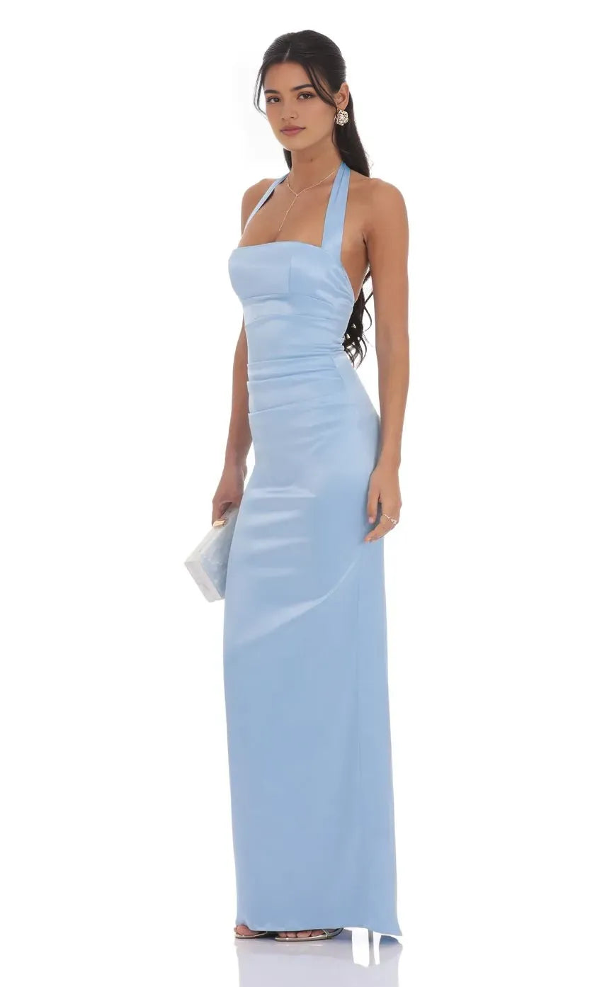 Light Blue Halter Prom Dress with Square Neckline and Flattering Drape for Formal Galas