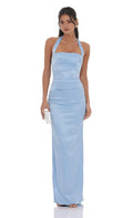 Light Blue Halter Prom Dress with Square Neckline and Flattering Drape for Formal Galas