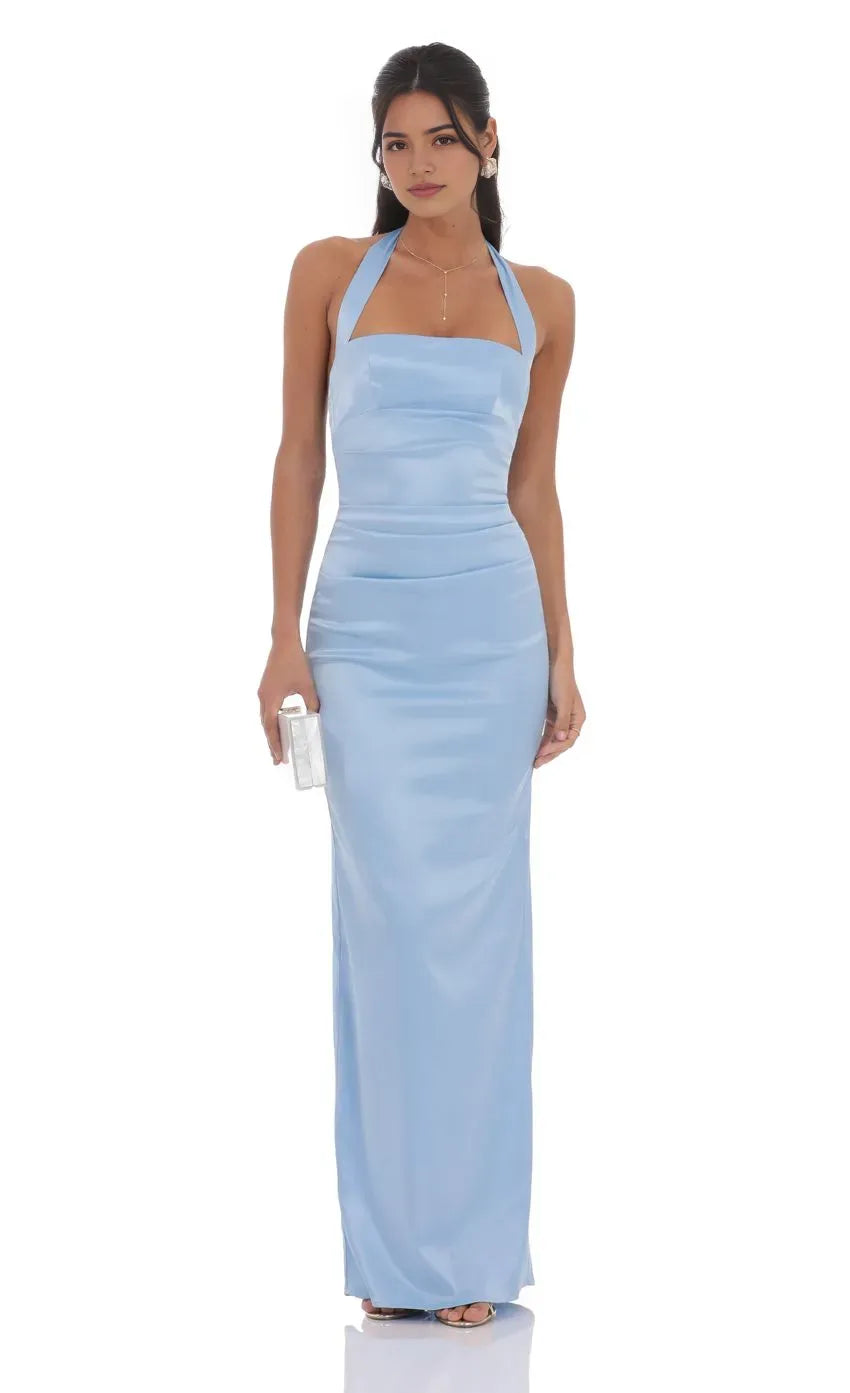 Light Blue Halter Prom Dress with Square Neckline and Flattering Drape for Formal Galas