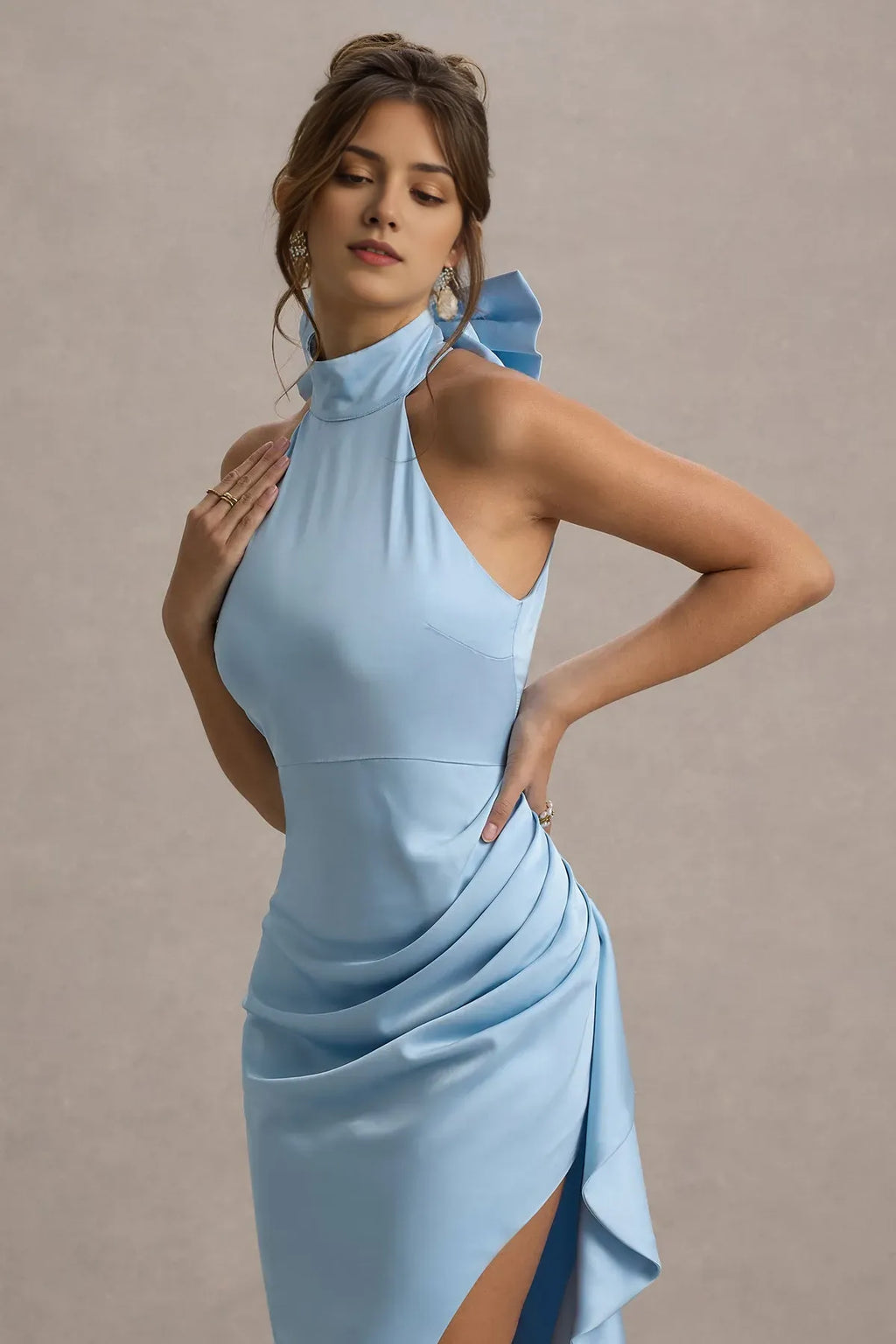Light Blue Prom Dress Halter Neck with Bow Ruched Bodice and Dramatic Ruffled Side Slit