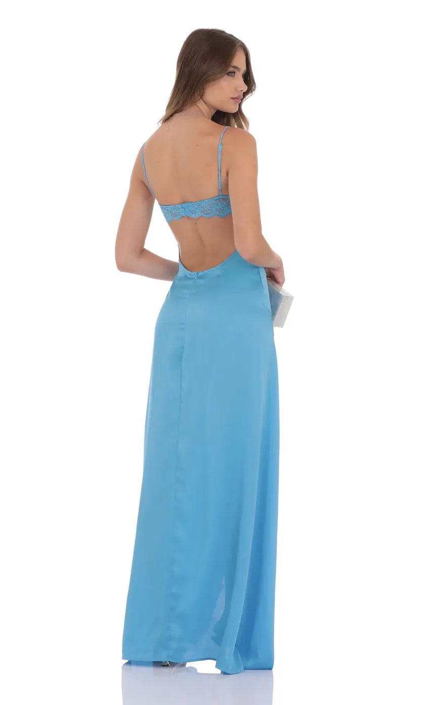 Light Blue Prom Gown Spaghetti Straps Draped Neckline and Dramatic Ruffled Side Slit Ideal for Sophisticated Prom