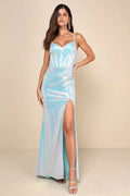 Light Blue Prom Dress with Sweetheart Neckline Corset Inspired Bodice High Side Slit