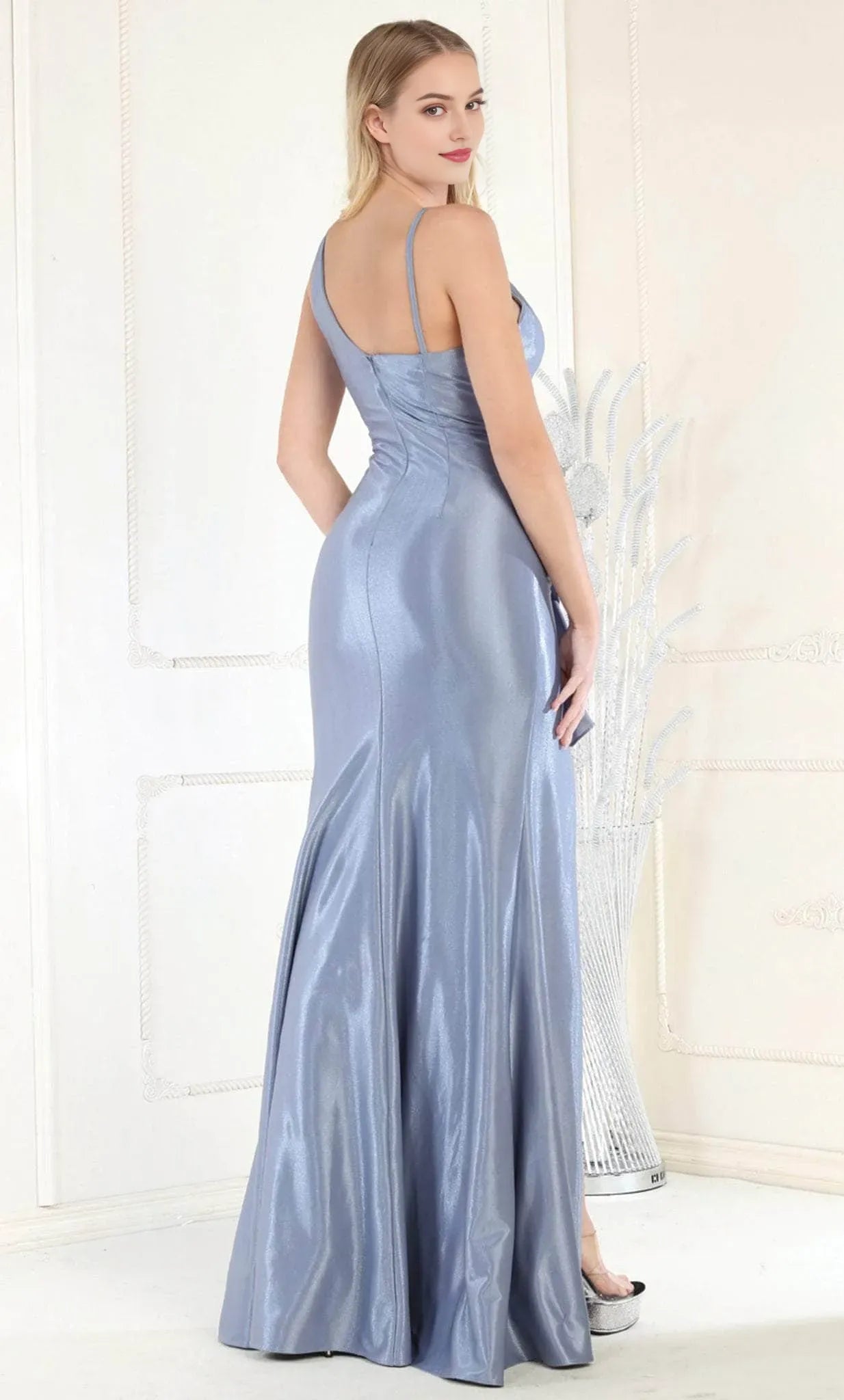 Light Blue Shimmering Evening Gown with Spaghetti Straps V Neckline, Ruffled Detailing and High Side Slit A Perfect Choice for Formal Galas Weddings and Red Carpet Occasions