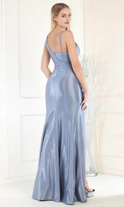 Luxurious Light-Blue Ruffled A-Line V-Neck Sleeveless Classic-Back Floor-Length Wedding Dress