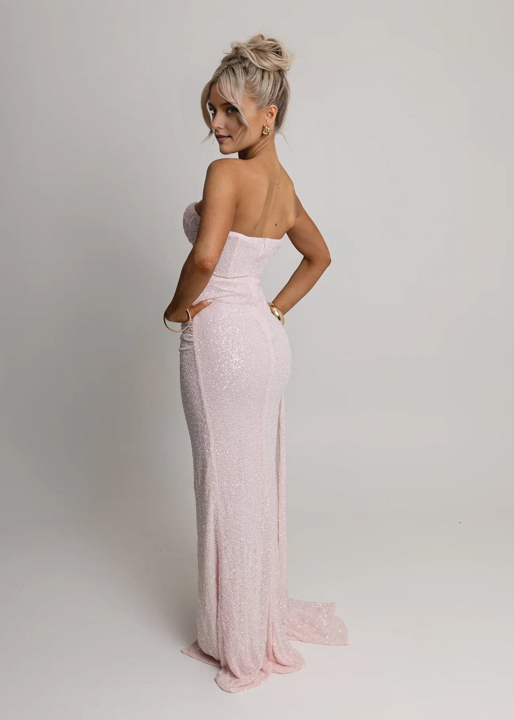 Pink Light Mermaid Sweetheart Neck Strapless Back Zip Floor Length Ruffled Prom Dresses with Slit