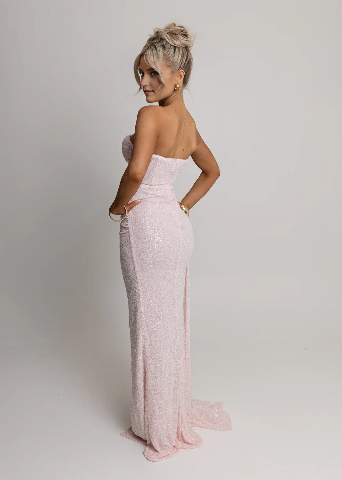 Pink Light Mermaid Sweetheart Neck Strapless Back Zip Floor Length Ruffled Prom Dresses with Slit