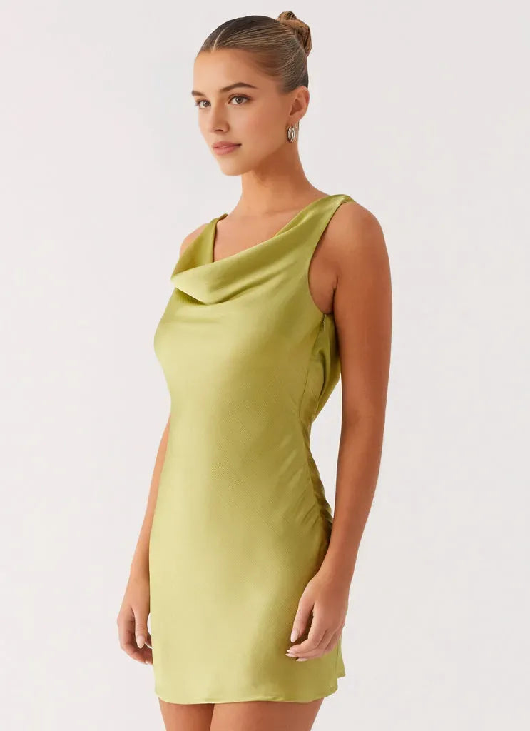 Green Lime Homecoming Gown Cowl Neck Sleeveless Bodycon Silhouette for Unforgettable Nights