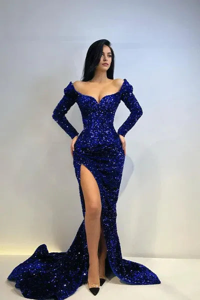 Long Sleeves Sequins Mermaid Evening Gowns Split Prom Dresses