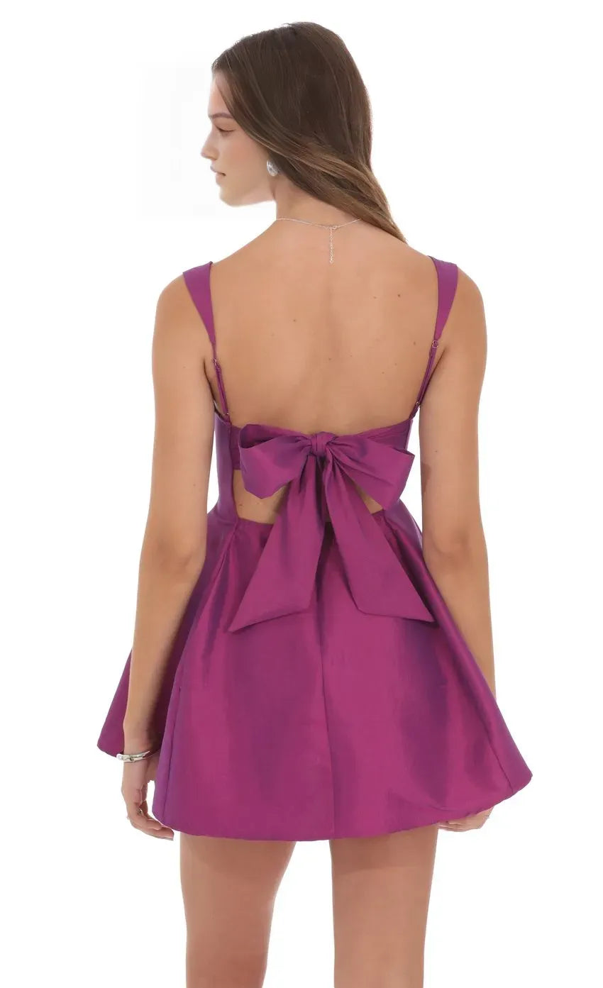 Magenta Homecoming Dress Square Neckline Flared Skirt Bow Detail for a Show Stopping School Dance Look
