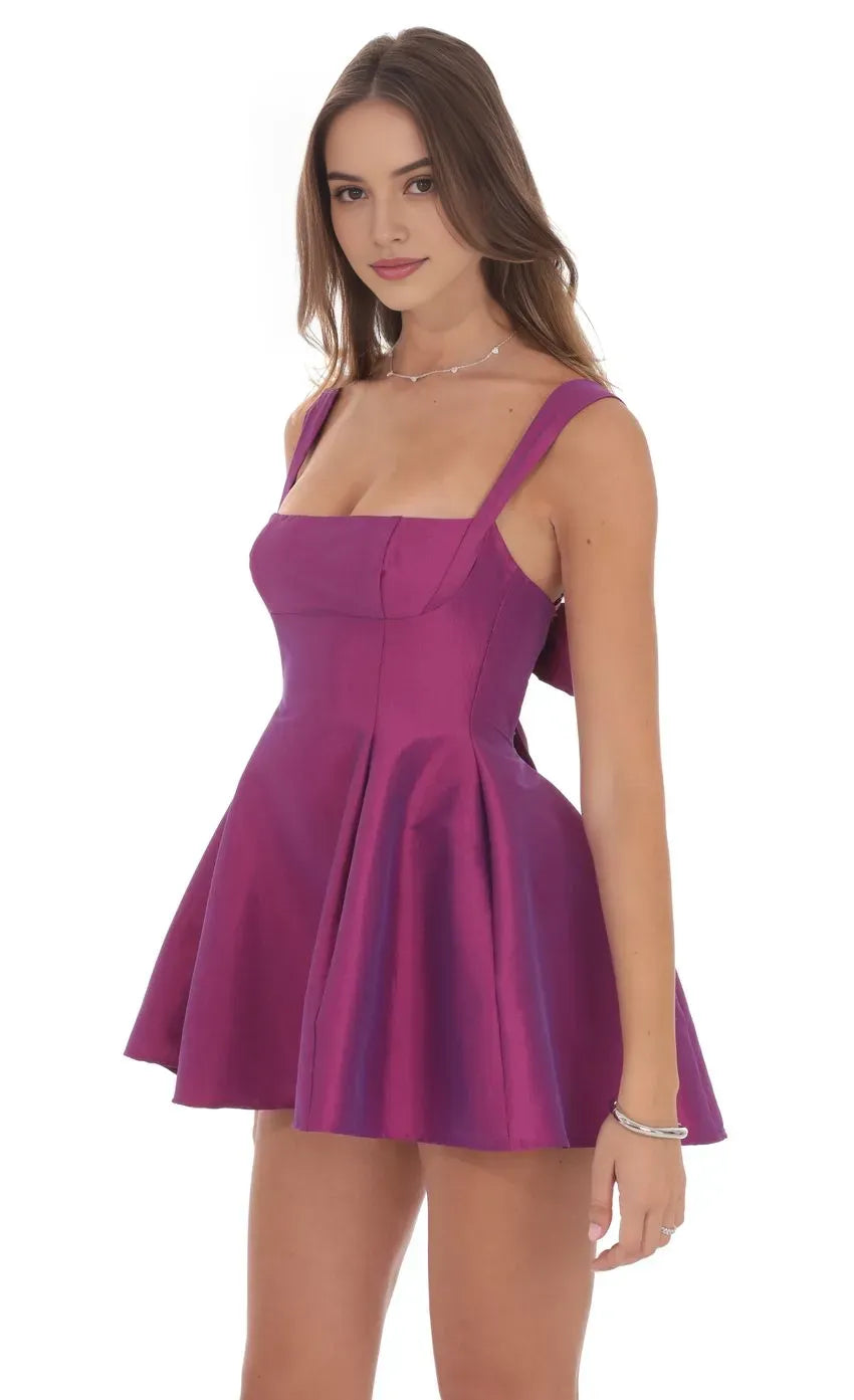 Magenta Homecoming Dress Square Neckline Flared Skirt Bow Detail for a Show Stopping School Dance Look